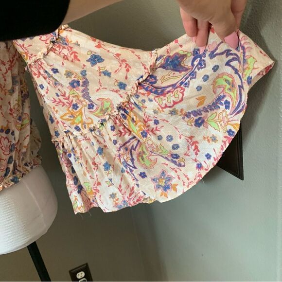 Free People Boho Off Shoulder Bell Sleeve Smocked Floral Blouse - Picture 7 of 14